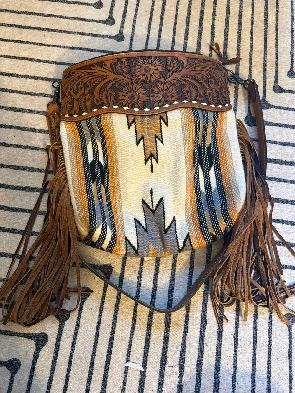 American Darling Brown Tooled Fringe Crossbody with Cream and Gray Pattern